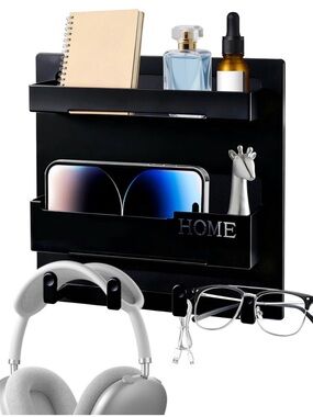 Black Wall-Mounted Storage Organizer with Dual Shelves and Hooks